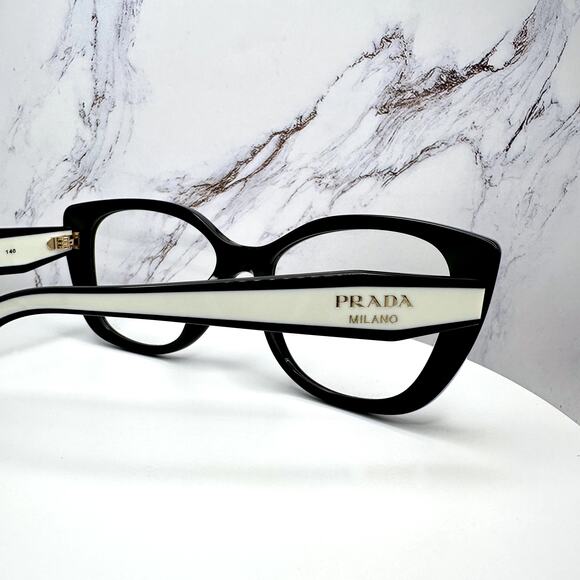 New PRADA Eyeglasses Cat Eye Black White Gold 53-17-140 Womens main image 6
